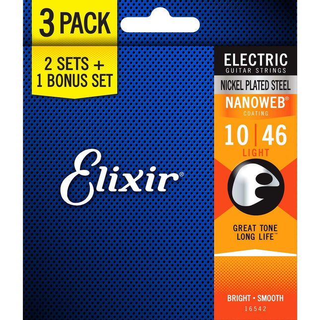 Elixir 16542 Nanoweb Coated Light Electric Guitar Strings - 3-Pack (10-46)