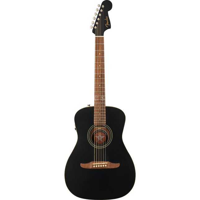 Matte black acoustic-electric guitar with walnut fretboard and circular soundhole rosette