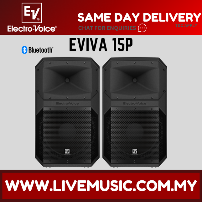 Pair of black Electro-Voice EVIVA 15P powered speakers, front views, Bluetooth