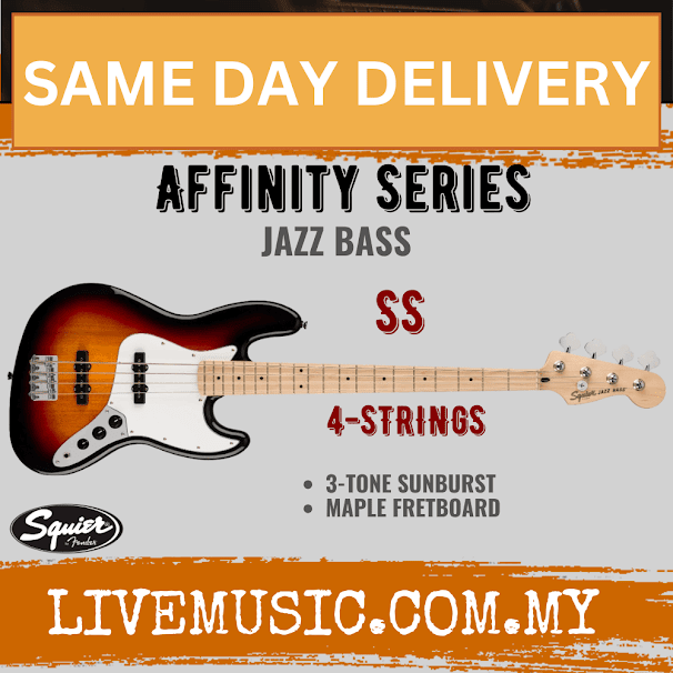 Squier Affinity Series Jazz Bass Guitar, Maple Fretboard - 3-Color Sunburst
