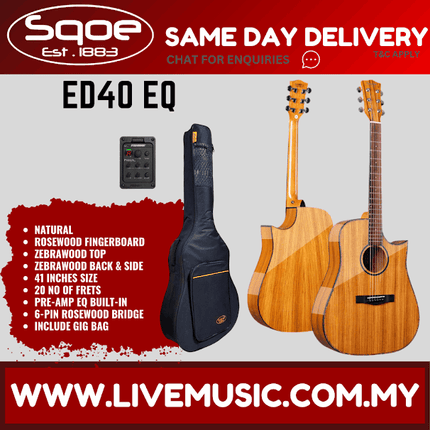 Sqoe EA40 EQ 40" Folk Acoustic Electric Guitar w/Gig Bag, Rosewood Fingerboard - Natural ( EA40EQ / EA-40EQ )