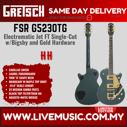 Cadillac green Gretsch single-cut electric guitar with Bigsby and gold hardware