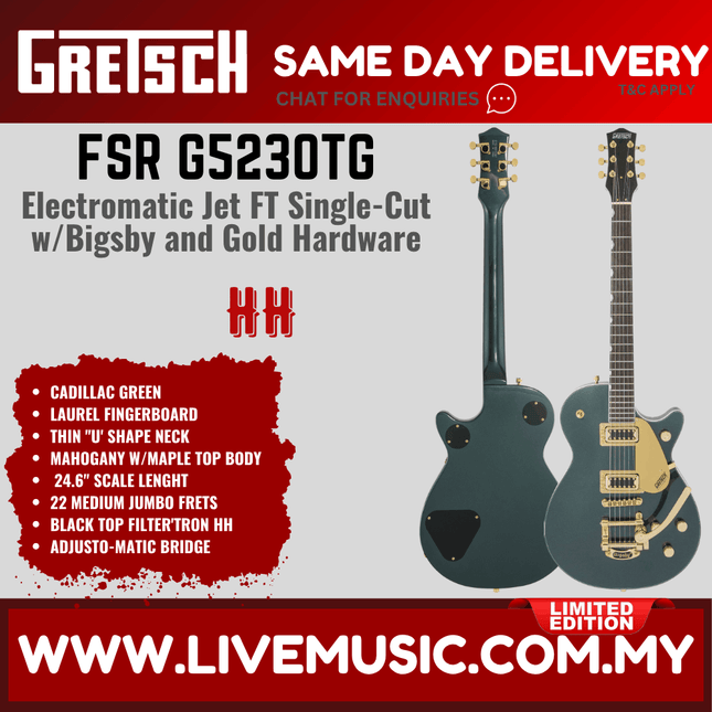 Gretsch FSR G5230TG Electromatic Jet FT Single-Cut Guitar w/Bigsby and Gold Hardware, Cadillac Green