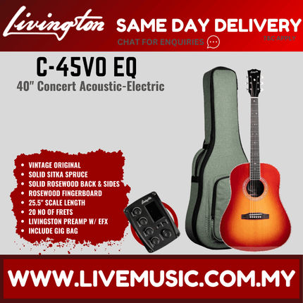Livingston C-45 EQ 40" Full Solid Concert Acoustic Guitar, Rosewood FB - ( C 45 C45 )