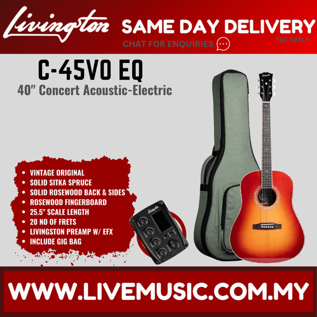 Livingston C-45 EQ 40" Full Solid Concert Acoustic Guitar, Rosewood FB - ( C 45 C45 )
