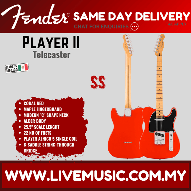 Fender Player II Telecaster Electric Guitar, Maple FB, Coral Red / 3 Tone Sunburst / Black / Butterscotch Blonde / Mocha