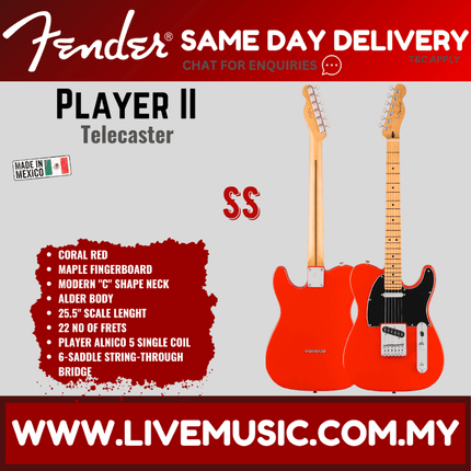 Fender Player II Telecaster Electric Guitar, Maple FB, Coral Red / 3 Tone Sunburst / Black / Butterscotch Blonde / Mocha
