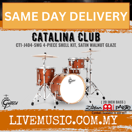 Satin walnut glaze 4-piece drum shell kit with bass, toms, snare and cymbals