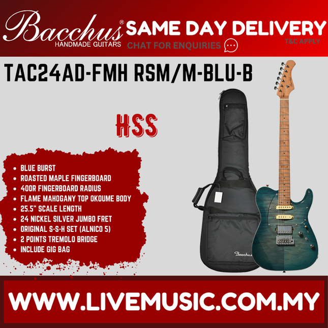 Bacchus TAC24AD-FMH RSM/M-BLU-B Universe Series Roasted Maple Electric Guitar, Blue Burst ( TAC24ADFMHRSMM / TAC24AD FMH RSMM )