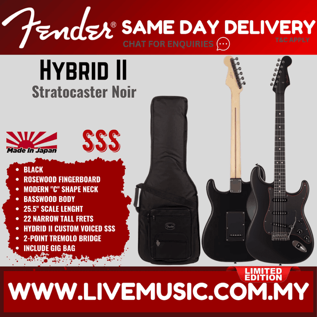 Fender Japan Ltd Ed Hybrid II Stratocaster Electric Guitar, Noir, RW FB, Black