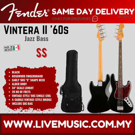 Fender Vintera II 60s Jazz Bass Guitar, RW FB, Black