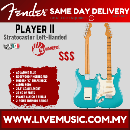 Fender Player II Stratocaster Left-Handed Electric Guitar, RW FB, Aquatone Blue