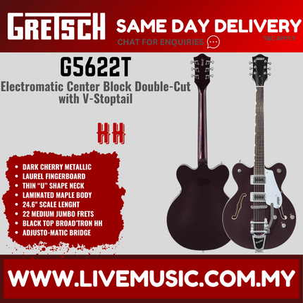 Gretsch G5622T Electromatic Centre-Block Double Cut Electric Guitar w/Bigsby, Laurel FB - Dark Cherry
