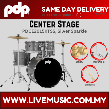 PDP Center Stage 5-piece Complete Drum Set with Hardware, Stool and Cymbal - Silver Sparkle ( PDCE2015KT )