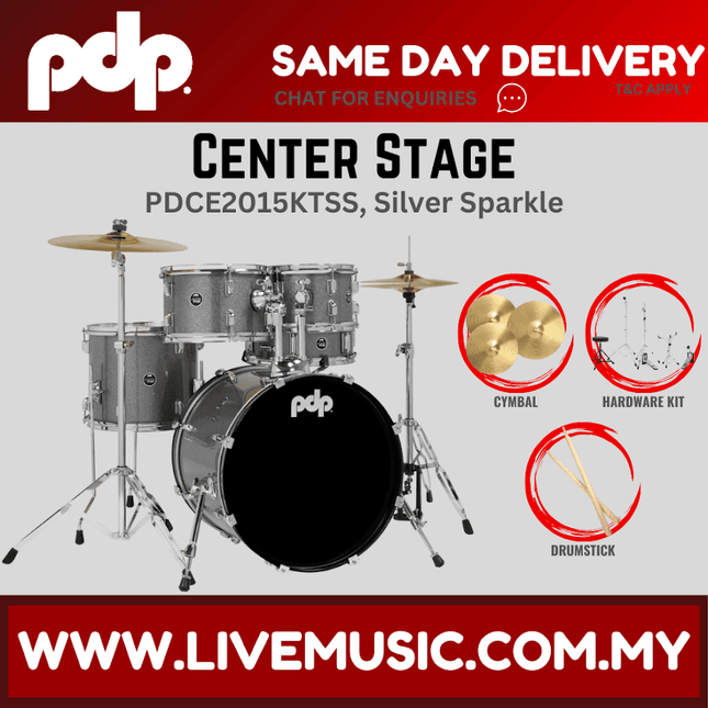 PDP Center Stage 5-piece Complete Drum Set with Hardware, Stool and Cymbal - Silver Sparkle ( PDCE2015KT )