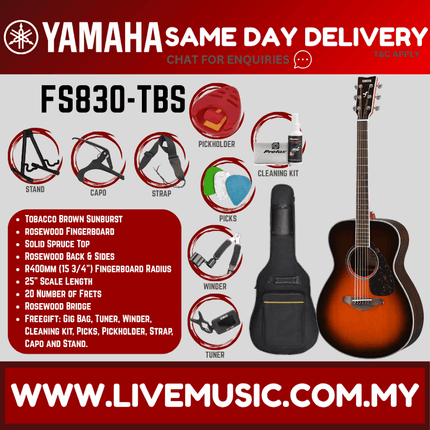 Yamaha FS830 Concert Acoustic Guitar w/Bag - T. Brown Sunburst (FS-830 FS 830)