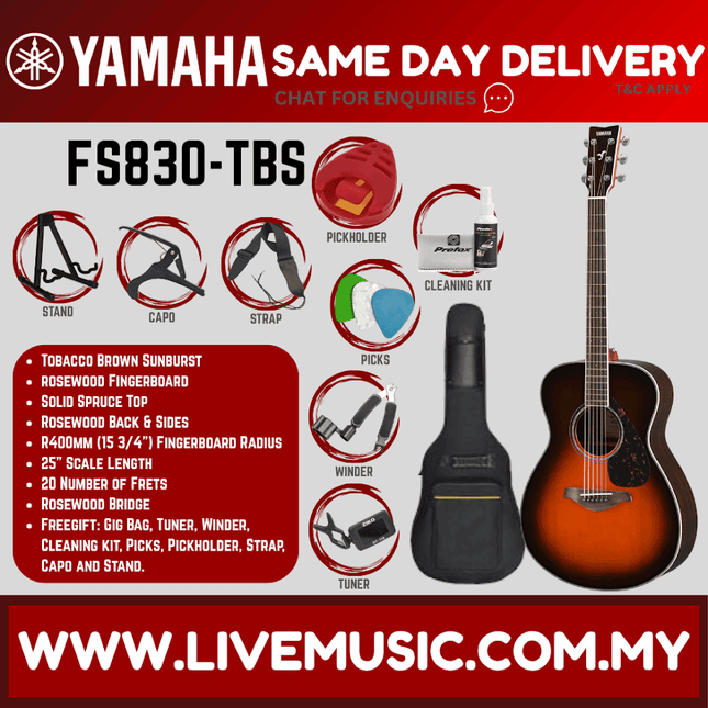 Yamaha FS830 Concert Acoustic Guitar w/Bag - T. Brown Sunburst (FS-830 FS 830)