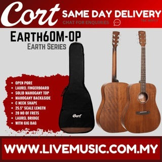 Cort dreadnought acoustic guitar with open-pore natural wood finish and black gig bag