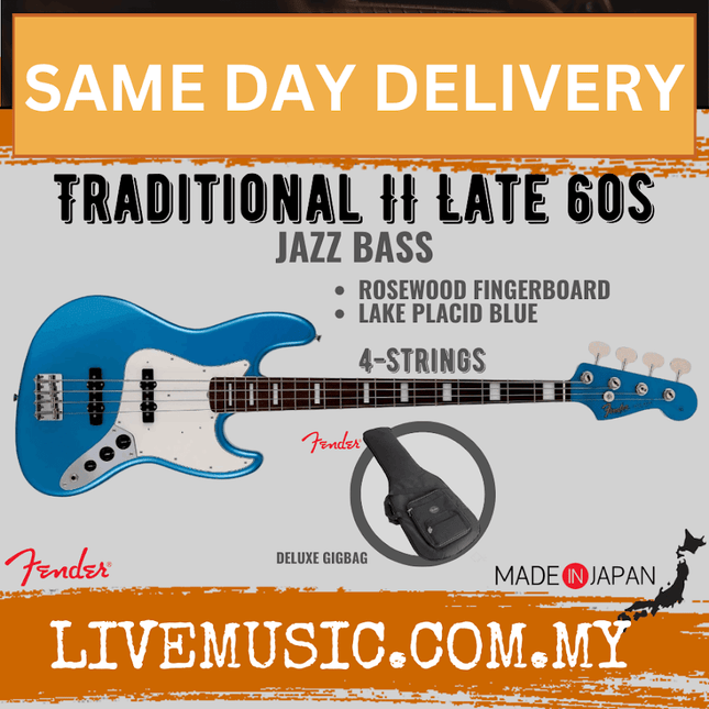 Fender Japan Traditional II Late 60s Jazz Bass Guitar, Rosewood Fretboard - Lake Placid Blue