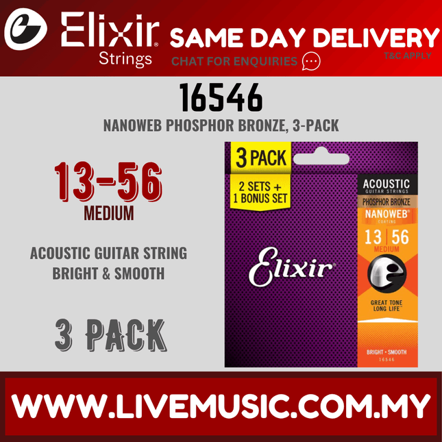 Elixir 16546 Nanoweb Phosphor Bronze Medium Acoustic Guitar Strings - 3-Pack (13-56)