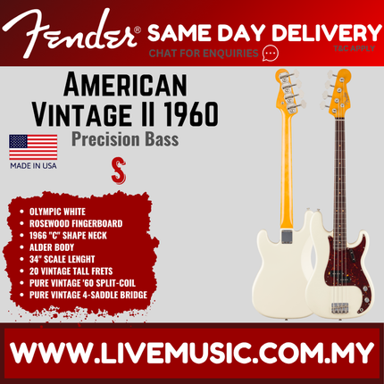 Fender American Vintage II 1960 Precision Bass Electric Guitar, RW FB, Olympic White