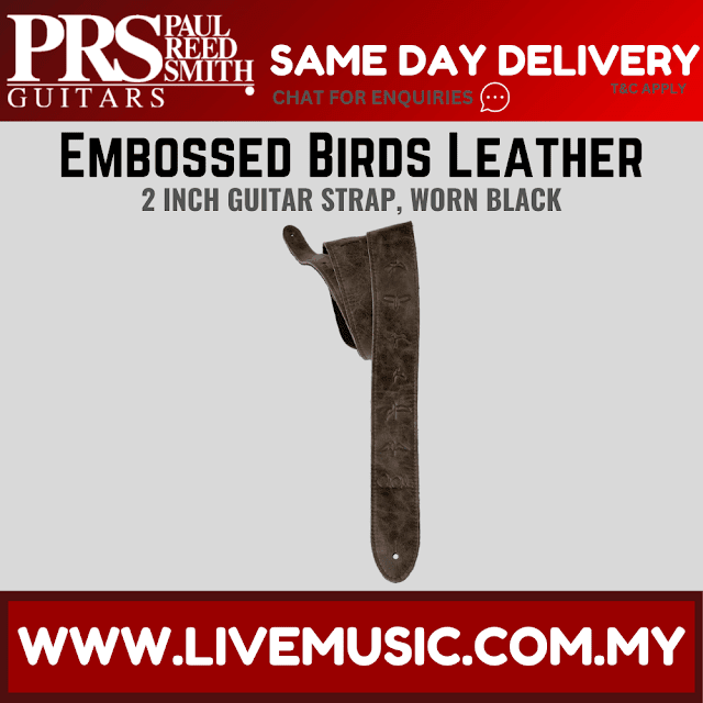 PRS 2 Inch Embossed Birds Leather Guitar Strap, Worn Black