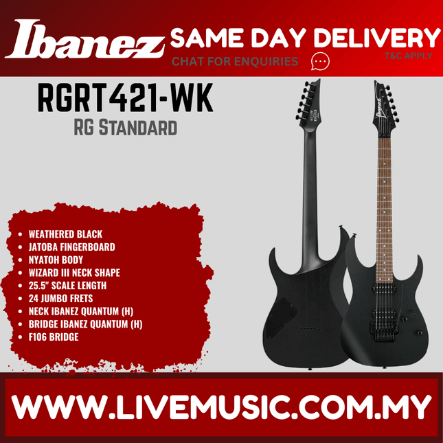 Ibanez RGRT421-WK RG Standard Series Electric Guitar, Weathered Black (RGRT421 WK/RGRT421WK)