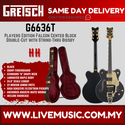 Gretsch G6636T Players Edition Falcon Centre Block Double-Cut Guitar w/String-Thru Bigsby, Black