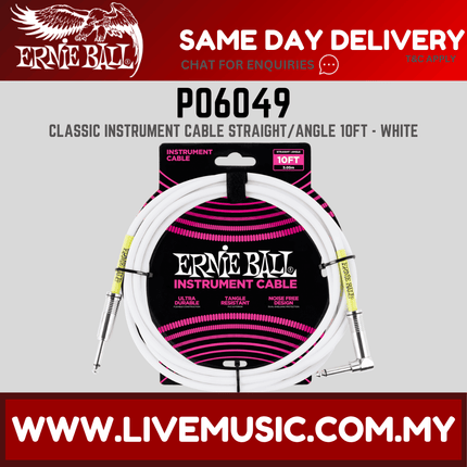 Ernie Ball 6049 Straight to Right Angle Instrument Cable, White, 10ft