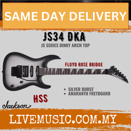 Jackson JS Series Dinky Arch Top JS34 DKA Electric Guitar, Amaranth FB, Silver Burst