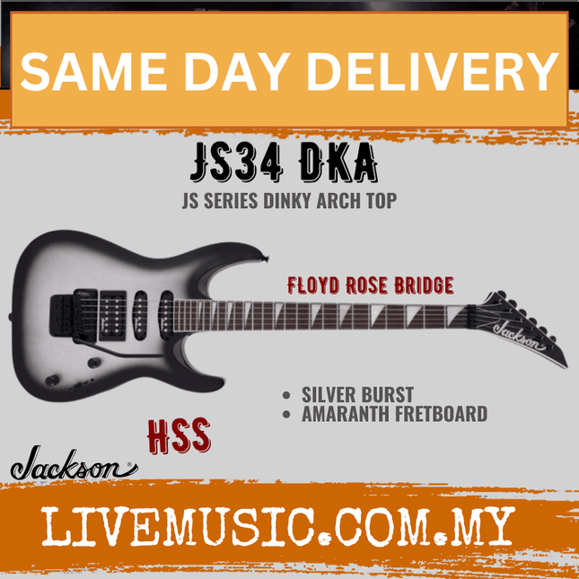 Jackson JS Series Dinky Arch Top JS34 DKA Electric Guitar, Amaranth FB, Silver Burst