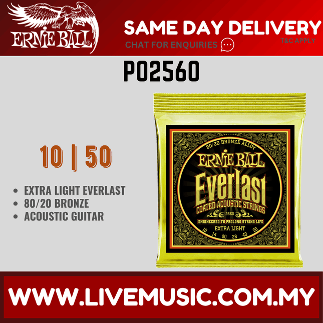 Ernie Ball 2560 Everlast Coated 80/20 Bronze Acoustic Guitar Strings, Extra Light, 10-50 Gauge