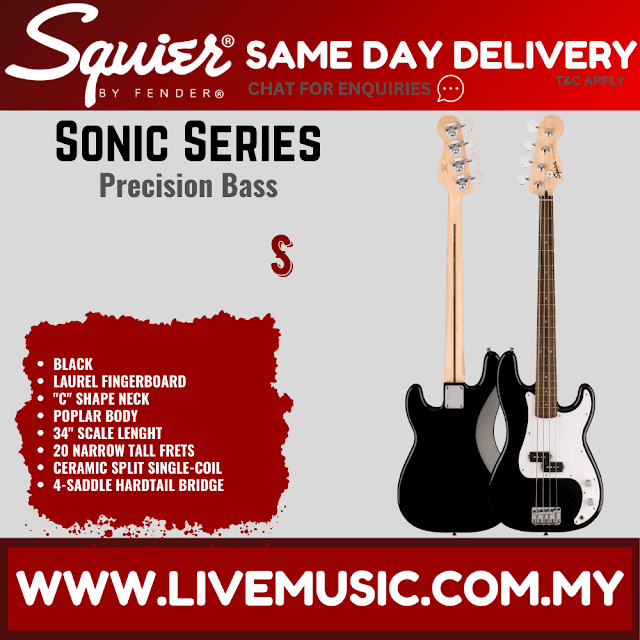 Squier Sonic Precision Bass Guitar w/White Pickguard, Laurel FB, Black