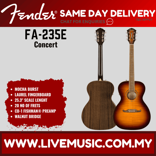 Fender FA-235E Acoustic Guitar, Walnut FB, Mocha Burst  (FA235E/FA 235E)