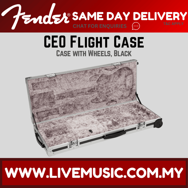 Fender CEO flight guitar case with wheels, black exterior and gray plush interior