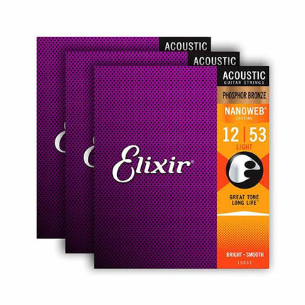 Elixir 16545 Nanoweb Phosphor Bronze Light Acoustic Guitar Strings - 3 Pack (12-53)