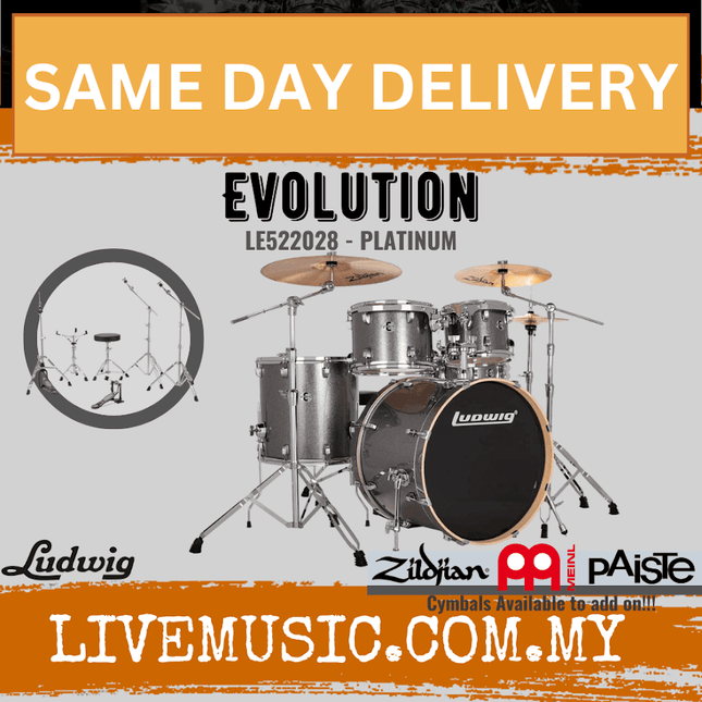 5-piece Ludwig Evolution drum kit with hardware, platinum shells and black bass drum head
