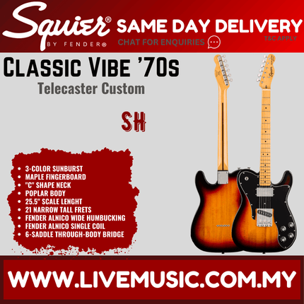Squier Classic Vibe 70s Telecaster Custom Electric Guitar, Maple Fingerboard - 3-Tone Sunburst