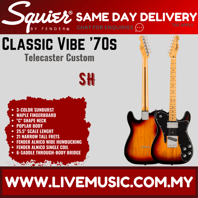 Squier Classic Vibe 70s Telecaster Custom Electric Guitar, Maple Fingerboard - 3-Tone Sunburst