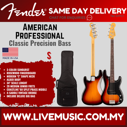 Fender American Professional Classic Precision Bass Guitar, RW FB, 3-Tone Sunburst