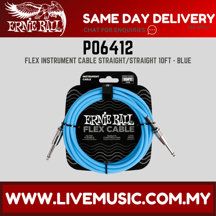 Ernie Ball EB6412 FLEX Instrument Cable 10 Ft, Blue