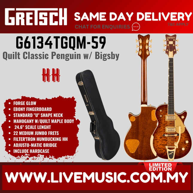 Gretsch G6134TGQM-59 Limited Edition Quilt Classic Penguin w/Bigsby Electric Guitar, Forge Glow