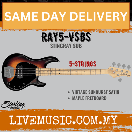 Sterling Ray5 Stingray 5-String Electric Bass Guitar Maple Fretboard - Vintage Sunburst Satin (Ray-5/Ray 5)