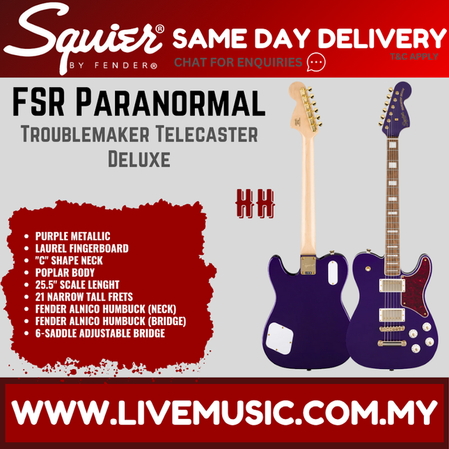 Squier FSR Paranormal Troublemaker Telecaster Deluxe Electric Guitar, Laurel FB, Purple Metallic