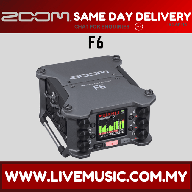 Zoom F6 multitrack field recorder with display, knobs, and side handle, dark gray body