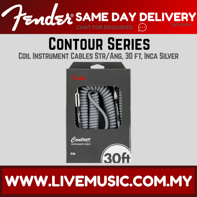30ft coil instrument cable in Inca Silver with metallic ends, Contour Series