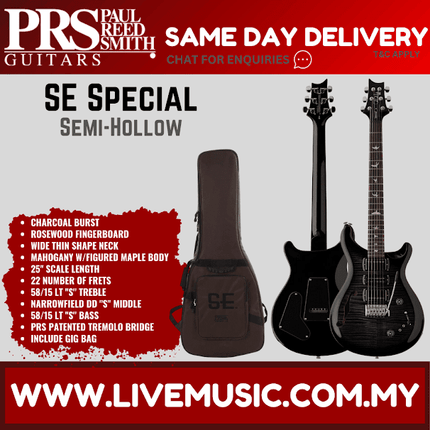PRS SE Special Semi-Hollow Electric Guitar w/GigBag, Rosewood FB, Charcoal Burst