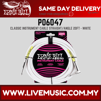 Ernie Ball 6047 Straight to Right Angle Instrument Cable, White, 20ft