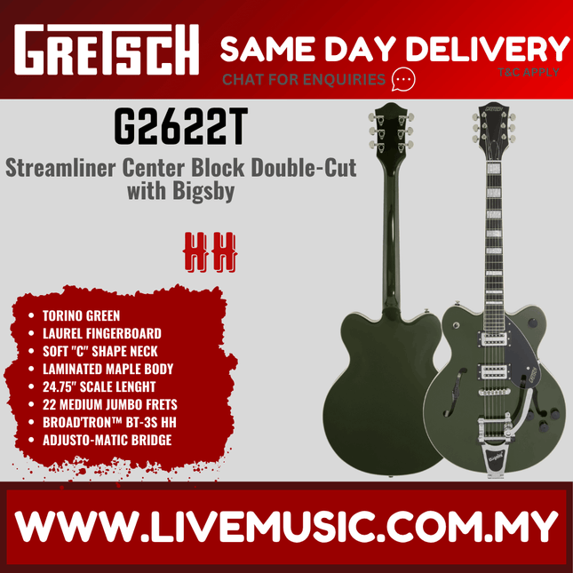 Gretsch G2622T Streamliner Centre Block Guitar w/Bigsby, Torino Green
