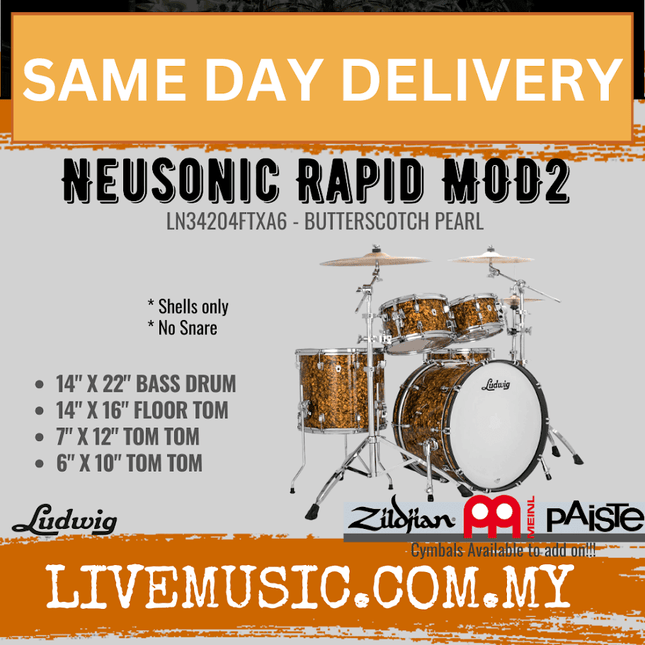 Ludwig LN34204FTXA6 Neusonic 4-Piece Rapid MOD2 Drum Shell (22B/16F/10T/12T), Butterscotch Pearl